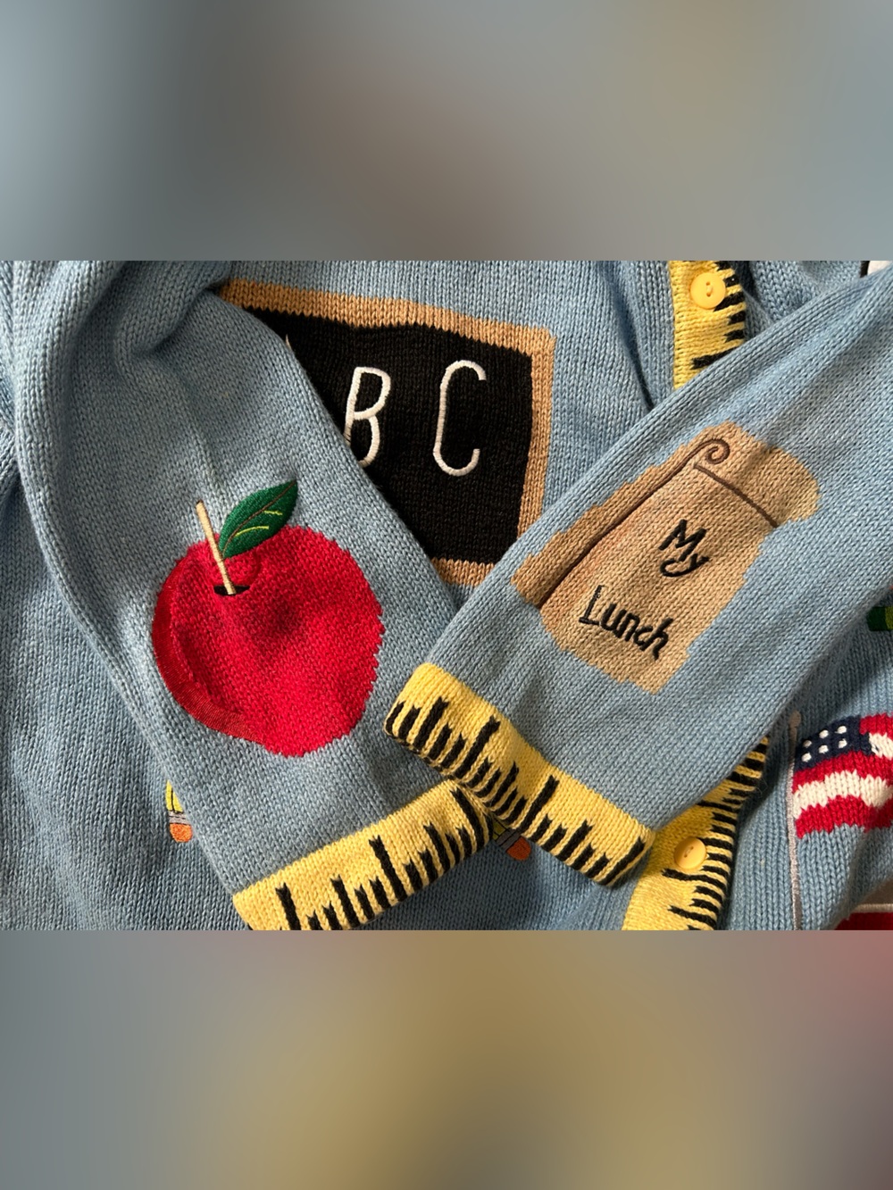 90’S VINTAGE THE QUACKER FACTORY 2X Novelty Teacher Knit Cardigan SCHOOL THEME - Picture 3 of 15